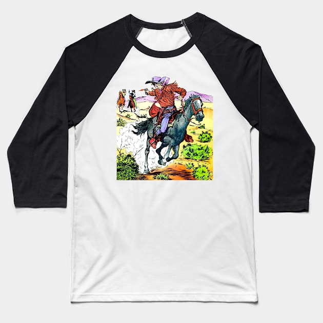 Cody Of The Pony Express 1955 chase and shooting of cowboys on horseback running at maximum speed through the desert wild west cowboy shootout retro vintage comic Baseball T-Shirt by REVISTANGO